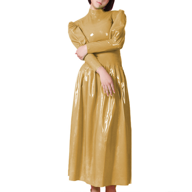 Ladies Long Sleeve Slim Party Long Dress Wetlook PVC Leather High Neck Flared Dress Womens Streetwear Cocktail Party Maxi Dress