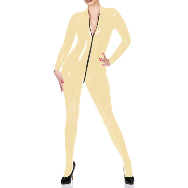 Turn-down Neck Vinyl Faux Leather Women Jumpsuit Sexy Zipper Open Crotch Long Sleeve Catsuit Wetlook Bodysuit Overalls For Women