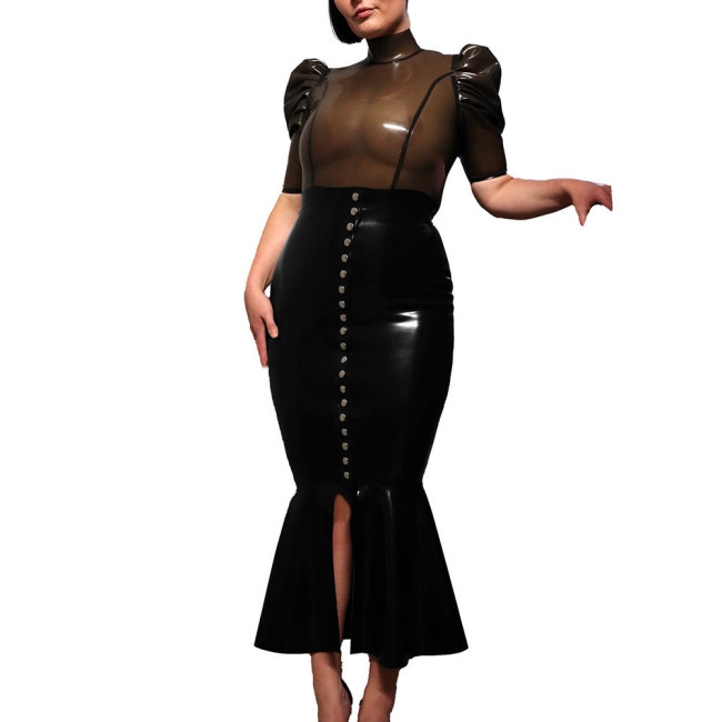 High Street Midi Hobble Skirts for Women Shiny PVC Leather Ruffles Single-breasted Long Skirts Ladies Stretchy High Waist Skirts