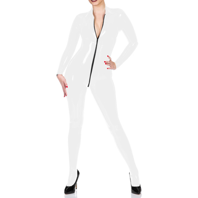 Turn-down Neck Vinyl Faux Leather Women Jumpsuit Sexy Zipper Open Crotch Long Sleeve Catsuit Wetlook Bodysuit Overalls For Women