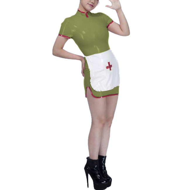 Womens Stand Collar Mini Nurse Dress with Apron Exotic Party Cospley Nuse Uniforms Dress Wetlook PVC Leather Nurse Dress Outfits