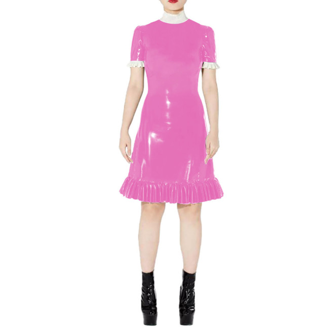 Elegant Knee Length Bodycon Dresses Shiny PVC Leather High Neck Short Sleeve Party Dress Female Slim Ruffles Dress Club Vestidos