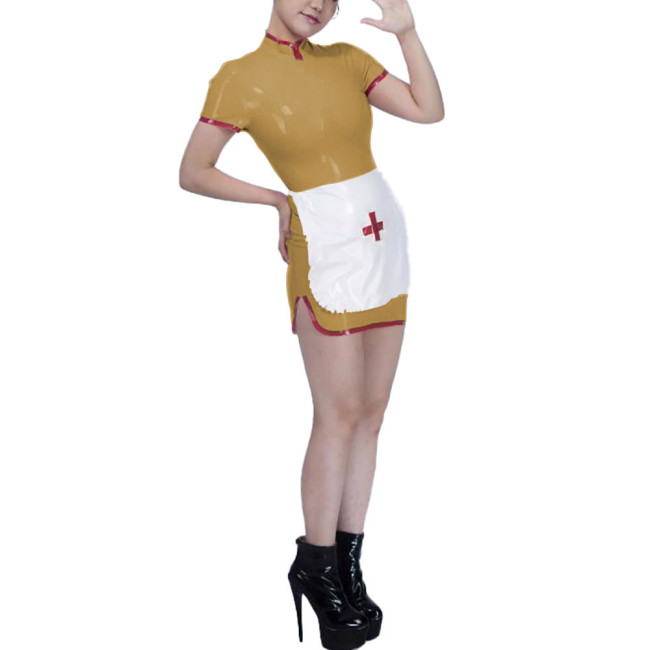 Womens Stand Collar Mini Nurse Dress with Apron Exotic Party Cospley Nuse Uniforms Dress Wetlook PVC Leather Nurse Dress Outfits