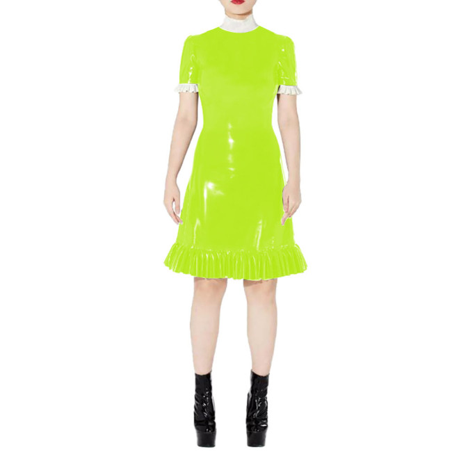 Elegant Knee Length Bodycon Dresses Shiny PVC Leather High Neck Short Sleeve Party Dress Female Slim Ruffles Dress Club Vestidos
