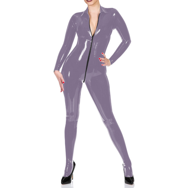 Turn-down Neck Vinyl Faux Leather Women Jumpsuit Sexy Zipper Open Crotch Long Sleeve Catsuit Wetlook Bodysuit Overalls For Women