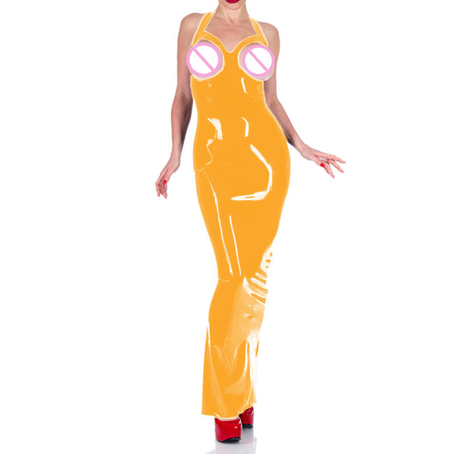 Halter Backless Glossy Patent Leather Women Long Dress Sexy Hobble Dress Slim Back Zipper Maxi Dresses For Women Vestidos