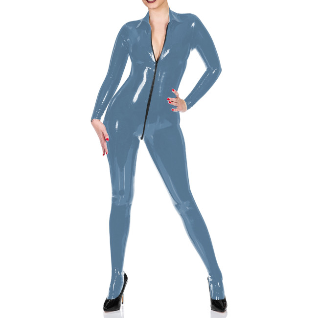 Turn-down Neck Vinyl Faux Leather Women Jumpsuit Sexy Zipper Open Crotch Long Sleeve Catsuit Wetlook Bodysuit Overalls For Women