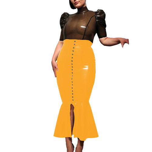 High Street Midi Hobble Skirts for Women Shiny PVC Leather Ruffles Single-breasted Long Skirts Ladies Stretchy High Waist Skirts