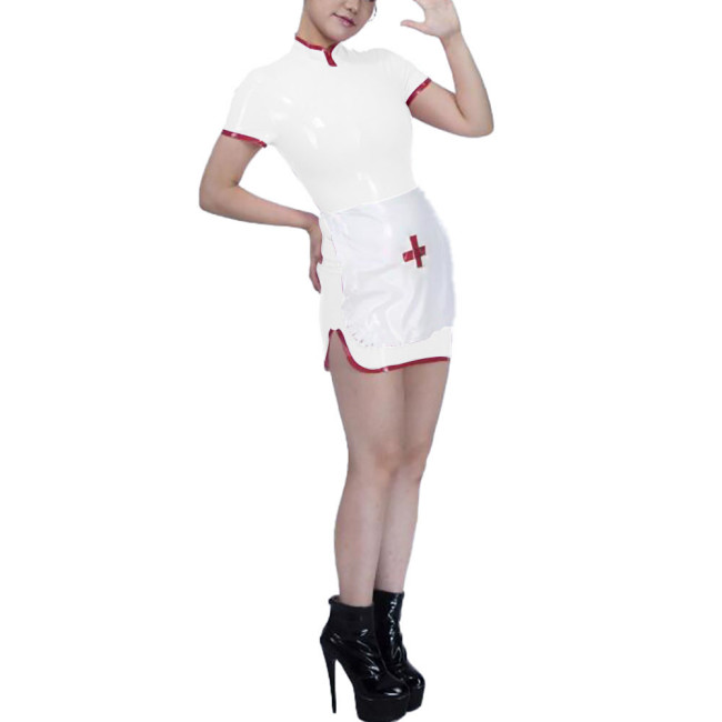 Womens Stand Collar Mini Nurse Dress with Apron Exotic Party Cospley Nuse Uniforms Dress Wetlook PVC Leather Nurse Dress Outfits