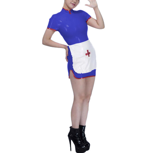 Womens Stand Collar Mini Nurse Dress with Apron Exotic Party Cospley Nuse Uniforms Dress Wetlook PVC Leather Nurse Dress Outfits