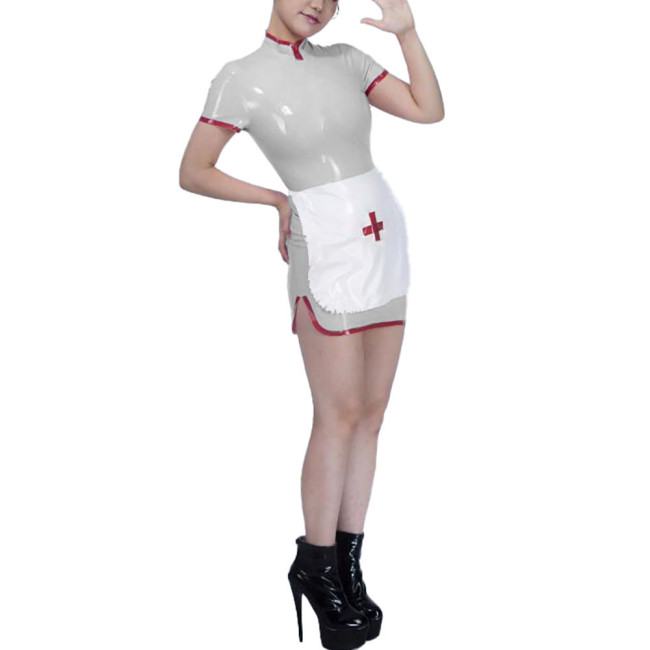 Womens Stand Collar Mini Nurse Dress with Apron Exotic Party Cospley Nuse Uniforms Dress Wetlook PVC Leather Nurse Dress Outfits