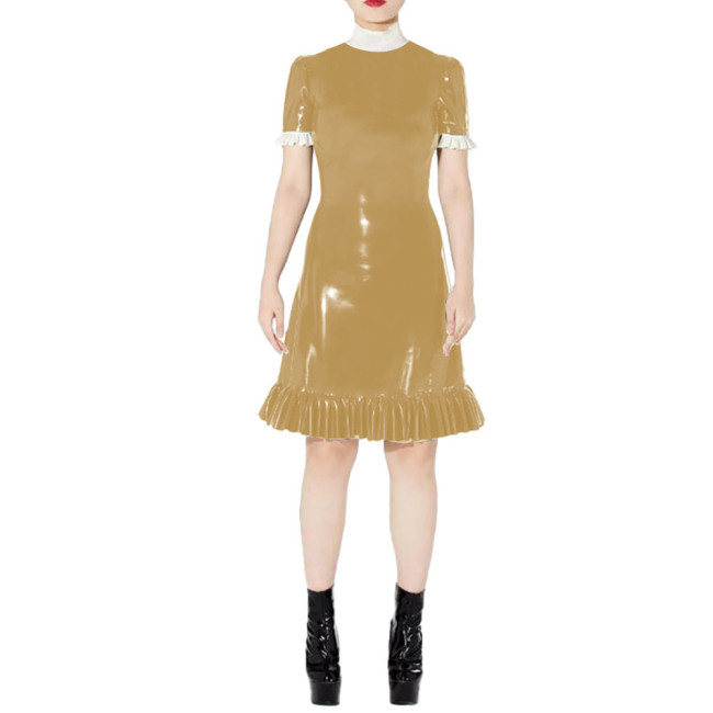 Elegant Knee Length Bodycon Dresses Shiny PVC Leather High Neck Short Sleeve Party Dress Female Slim Ruffles Dress Club Vestidos