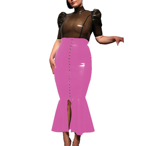 High Street Midi Hobble Skirts for Women Shiny PVC Leather Ruffles Single-breasted Long Skirts Ladies Stretchy High Waist Skirts