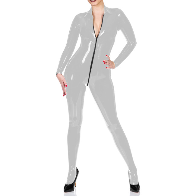 Turn-down Neck Vinyl Faux Leather Women Jumpsuit Sexy Zipper Open Crotch Long Sleeve Catsuit Wetlook Bodysuit Overalls For Women
