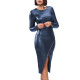 Elegant Sexy Bodycon Vinyl PVC Leather Midi Dress Punk Zipper Long Sleeve Slit Slim Fit Dress Womens Wetlook Nightclub Dress 7XL