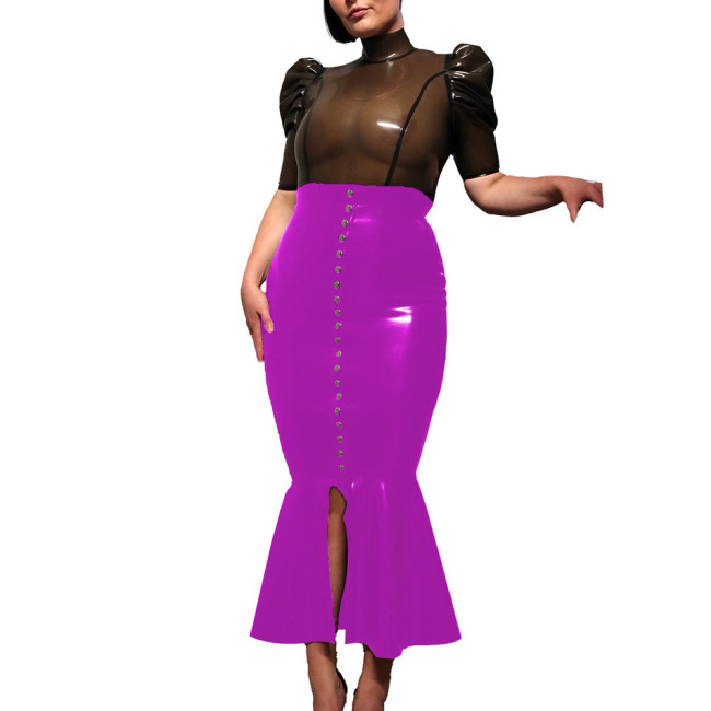 High Street Midi Hobble Skirts for Women Shiny PVC Leather Ruffles Single-breasted Long Skirts Ladies Stretchy High Waist Skirts