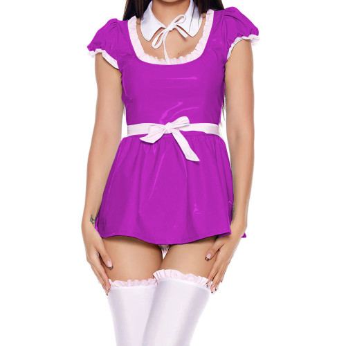 Sexy Sweet Shiny PVC Leather Short Sleeve Lolita Dress Anime Cosplay French Maid Costume Sissy Maid Uniform Halloween Costumes