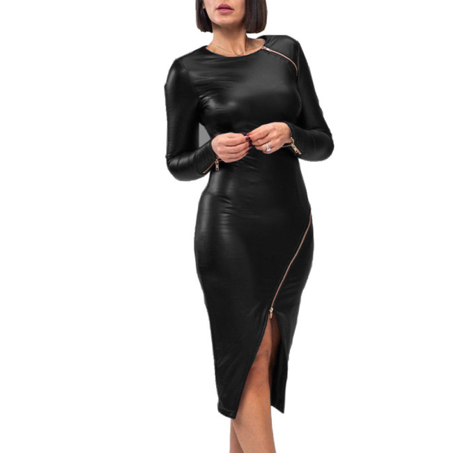 Elegant Sexy Bodycon Vinyl PVC Leather Midi Dress Punk Zipper Long Sleeve Slit Slim Fit Dress Womens Wetlook Nightclub Dress 7XL