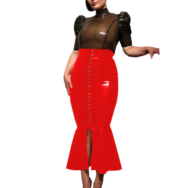 High Street Midi Hobble Skirts for Women Shiny PVC Leather Ruffles Single-breasted Long Skirts Ladies Stretchy High Waist Skirts