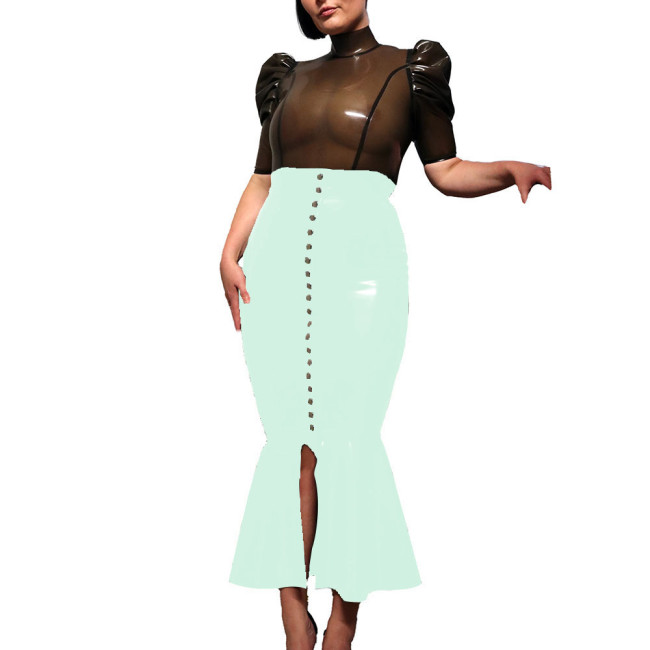 High Street Midi Hobble Skirts for Women Shiny PVC Leather Ruffles Single-breasted Long Skirts Ladies Stretchy High Waist Skirts