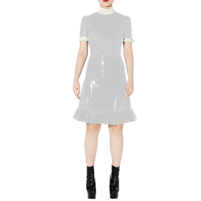 Elegant Knee Length Bodycon Dresses Shiny PVC Leather High Neck Short Sleeve Party Dress Female Slim Ruffles Dress Club Vestidos