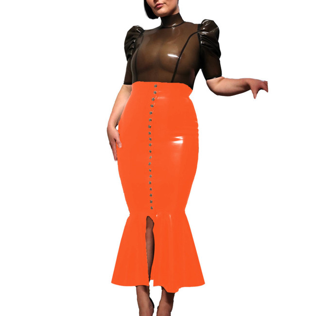 High Street Midi Hobble Skirts for Women Shiny PVC Leather Ruffles Single-breasted Long Skirts Ladies Stretchy High Waist Skirts