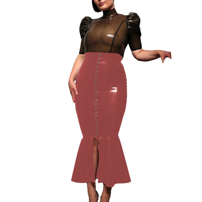 High Street Midi Hobble Skirts for Women Shiny PVC Leather Ruffles Single-breasted Long Skirts Ladies Stretchy High Waist Skirts