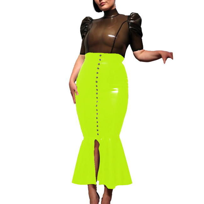 High Street Midi Hobble Skirts for Women Shiny PVC Leather Ruffles Single-breasted Long Skirts Ladies Stretchy High Waist Skirts