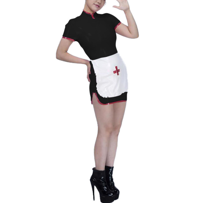 Womens Stand Collar Mini Nurse Dress with Apron Exotic Party Cospley Nuse Uniforms Dress Wetlook PVC Leather Nurse Dress Outfits