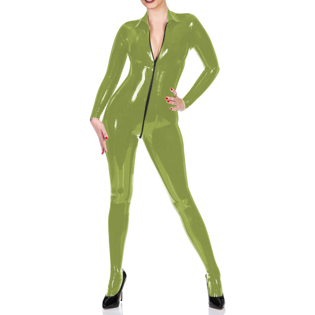 Turn-down Neck Vinyl Faux Leather Women Jumpsuit Sexy Zipper Open Crotch Long Sleeve Catsuit Wetlook Bodysuit Overalls For Women