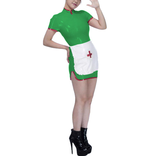 Womens Stand Collar Mini Nurse Dress with Apron Exotic Party Cospley Nuse Uniforms Dress Wetlook PVC Leather Nurse Dress Outfits