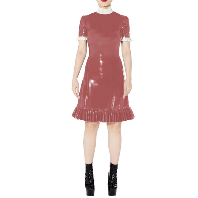 Elegant Knee Length Bodycon Dresses Shiny PVC Leather High Neck Short Sleeve Party Dress Female Slim Ruffles Dress Club Vestidos