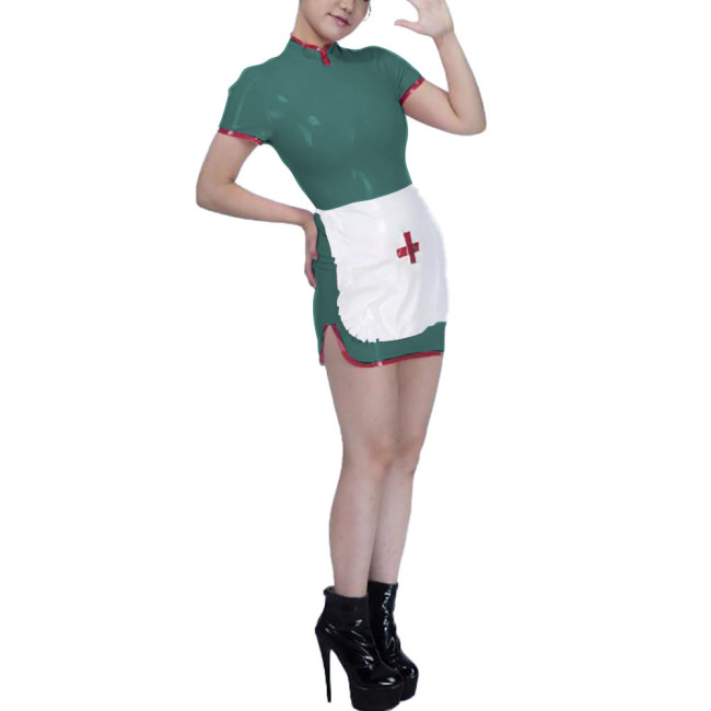 Womens Stand Collar Mini Nurse Dress with Apron Exotic Party Cospley Nuse Uniforms Dress Wetlook PVC Leather Nurse Dress Outfits