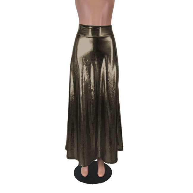 Sexy Shiny Laser High Waist Long Skirt Liquid Metallic Pole Dance Clothing Womens Party A-Line Swing Skirt Plus Size Clubwear