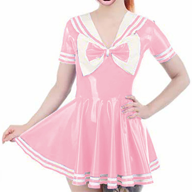 Shiny PVC Party Short Sleeve Cosplay Student Mini Dress Womens Sailor Bow Collar Striped Uniforms Preppy Style A-line Dress 7XL
