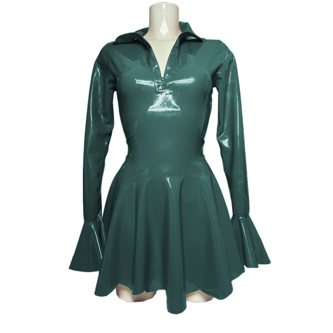 Sexy High Street Long Flare Sleeve PVC Shiny Mini Dress Fashion Zipper Turn-down Collar A-line Pleated Dresses Club Elegant Robe