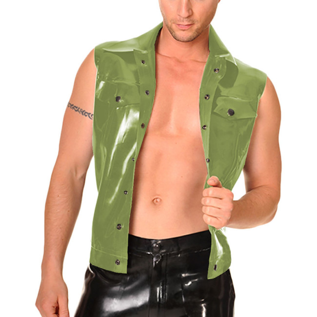 Mens Motorcycle Wet PVC Leather Vest Tops Plus Size Male Sleeveless Turn-down Collar Slim Jacket Punk Single-breasted Tank Shirt