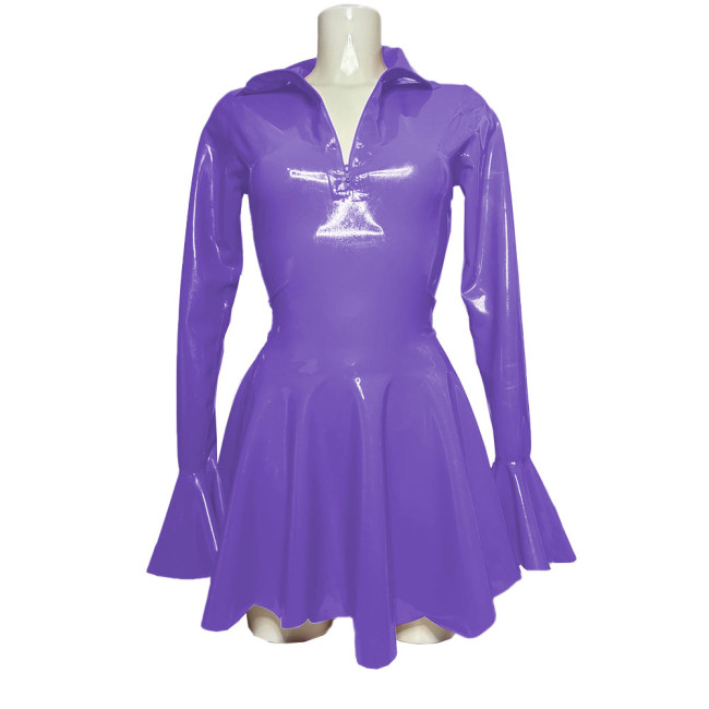 Sexy High Street Long Flare Sleeve PVC Shiny Mini Dress Fashion Zipper Turn-down Collar A-line Pleated Dresses Club Elegant Robe