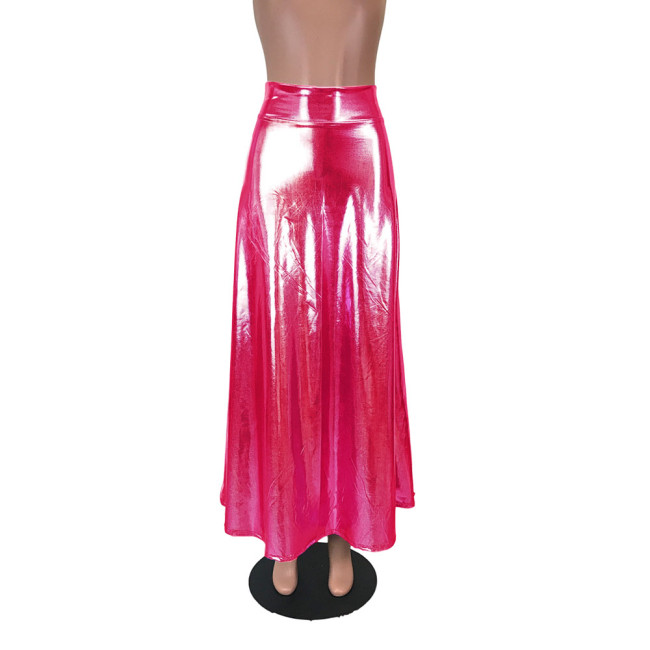 Sexy Shiny Laser High Waist Long Skirt Liquid Metallic Pole Dance Clothing Womens Party A-Line Swing Skirt Plus Size Clubwear