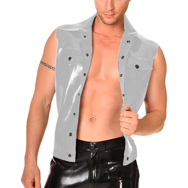 Mens Motorcycle Wet PVC Leather Vest Tops Plus Size Male Sleeveless Turn-down Collar Slim Jacket Punk Single-breasted Tank Shirt