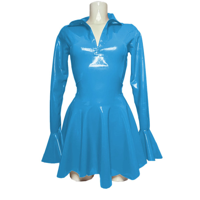 Sexy High Street Long Flare Sleeve PVC Shiny Mini Dress Fashion Zipper Turn-down Collar A-line Pleated Dresses Club Elegant Robe