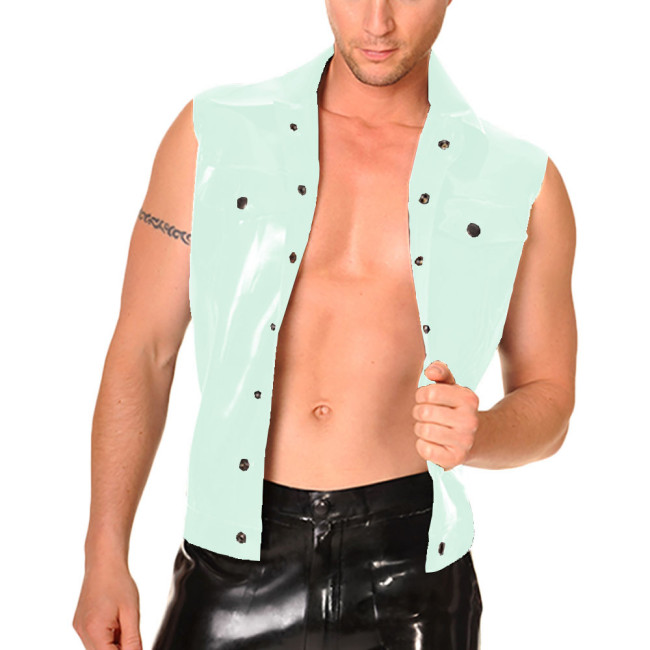 Mens Motorcycle Wet PVC Leather Vest Tops Plus Size Male Sleeveless Turn-down Collar Slim Jacket Punk Single-breasted Tank Shirt