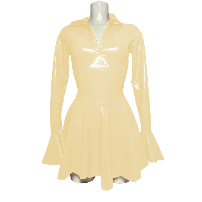 Sexy High Street Long Flare Sleeve PVC Shiny Mini Dress Fashion Zipper Turn-down Collar A-line Pleated Dresses Club Elegant Robe