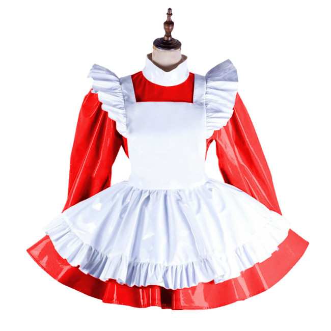 Lockable Lolita Wet PVC Leather Maid Uniform Exotic French Party Cosplay Outfits Sissy Long Sleeve A-line Maid Dress with Apron