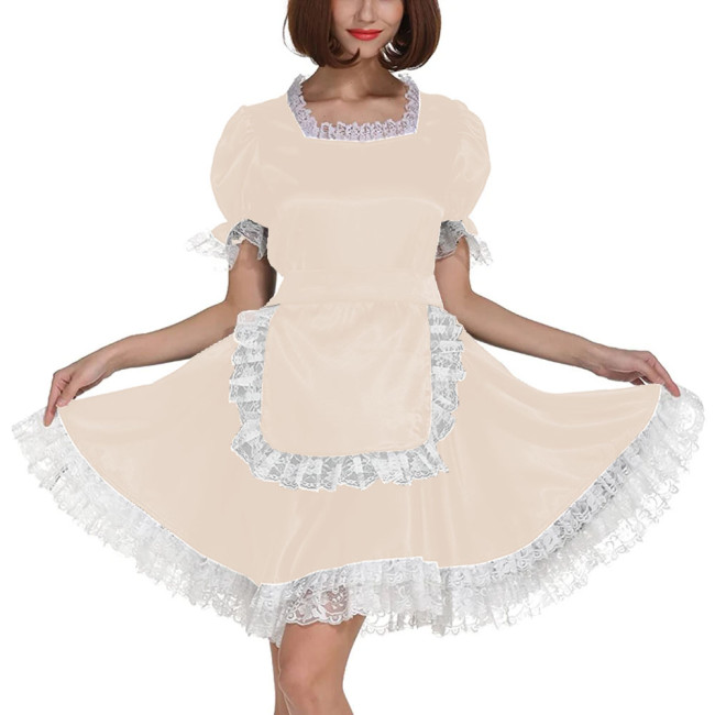 French Sexy Square Collar A-line Maid Dress with Apron Fetish Crossdresser Sissy Party Satin Short Sleeve Lace Maid Uniforms 7XL