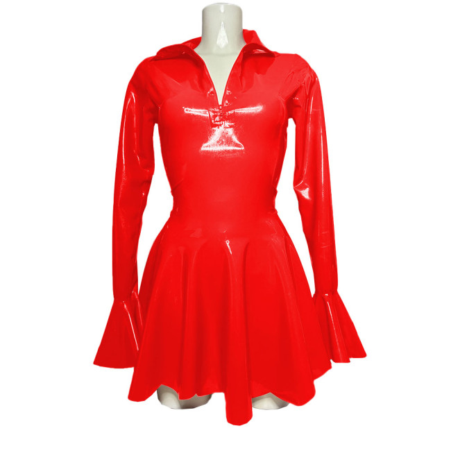 Sexy High Street Long Flare Sleeve PVC Shiny Mini Dress Fashion Zipper Turn-down Collar A-line Pleated Dresses Club Elegant Robe