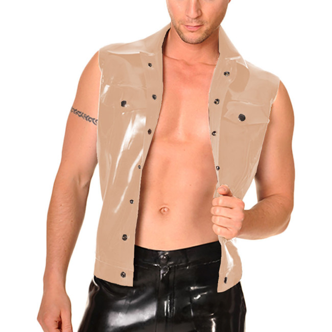 Mens Motorcycle Wet PVC Leather Vest Tops Plus Size Male Sleeveless Turn-down Collar Slim Jacket Punk Single-breasted Tank Shirt