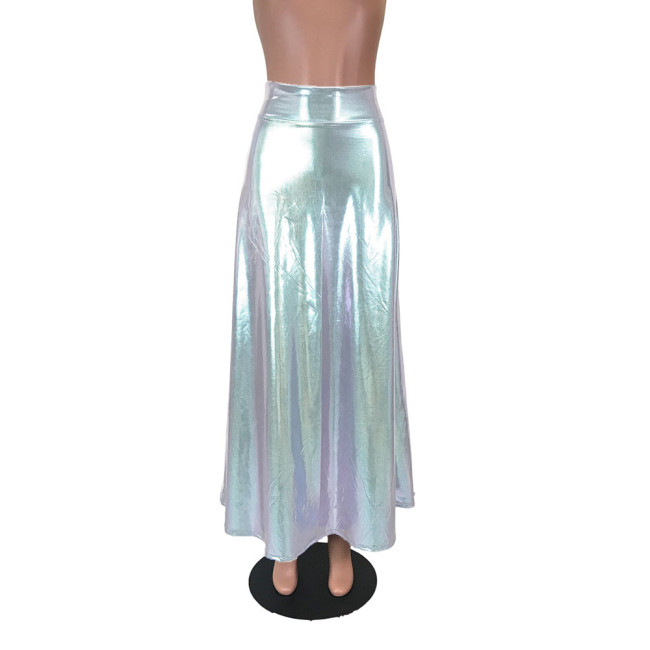 Sexy Shiny Laser High Waist Long Skirt Liquid Metallic Pole Dance Clothing Womens Party A-Line Swing Skirt Plus Size Clubwear