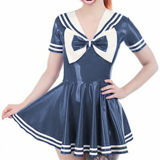Shiny PVC Party Short Sleeve Cosplay Student Mini Dress Womens Sailor Bow Collar Striped Uniforms Preppy Style A-line Dress 7XL
