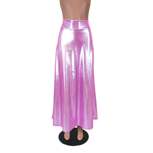 Sexy Shiny Laser High Waist Long Skirt Liquid Metallic Pole Dance Clothing Womens Party A-Line Swing Skirt Plus Size Clubwear